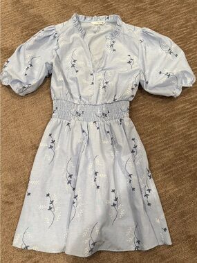 Zara Light Blue Floral Puff Sleeve Smocked Waist Dress